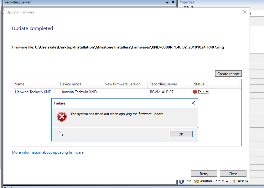 Updating device firmware fails — 'The system has timed out when applying the firmware update